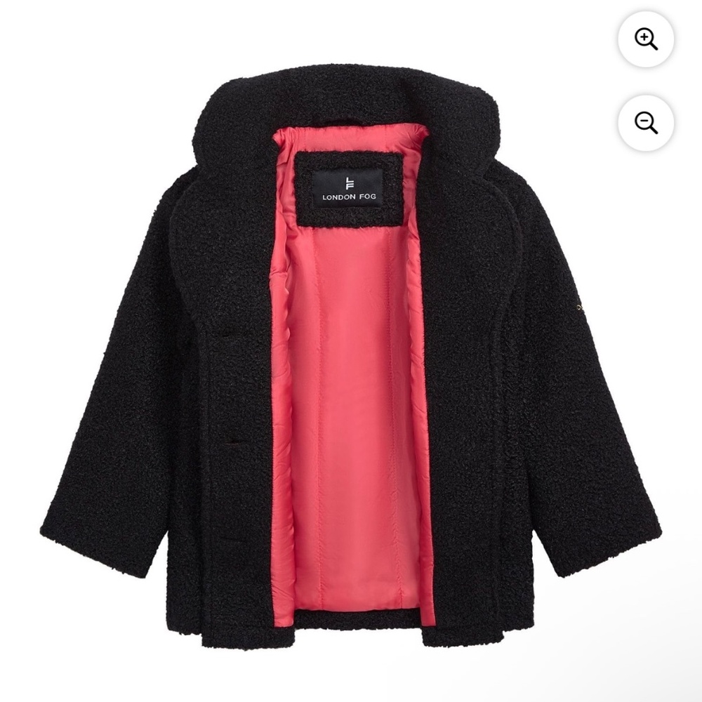 London Fog NWT Girls Coat 6/6X Black Teddy Jacket Hot Pink Lining Heart Buttons - Picture 6 of 8